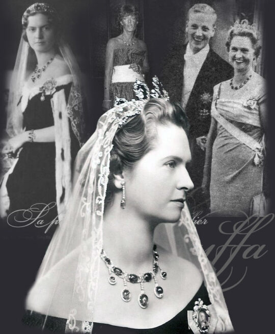 Princess Sibyllas sapphire collier - princess Impressive Sapphire and Diamond Demi-Parure Comprising a necklace and a pair of pendent earrings featuring a graduated series of cabochon sapphires, framed by millegrain-set old European-cut diamonds, highlighted by single- and rose-cut diamonds, earrings with screwback fittings and security hooks, pendants on necklace detachable, fitted case stamped Rath München, the lid applied with the gilt-metal cypher of Princess Sibylla; early 20th century and later.