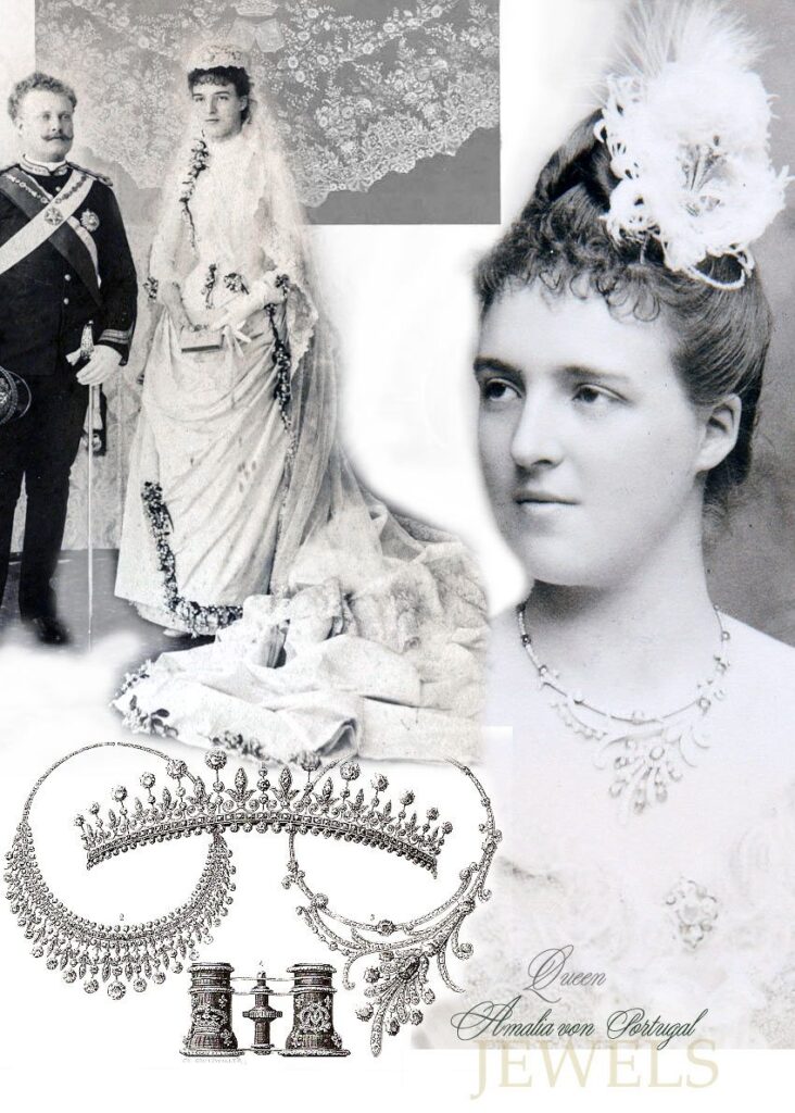 Queen Amalie's wedding gift, fleur de lys aigrette, fleur de lys brooch,diamond necklace, royal wedding royal jewels, fringe tiara,portugal royal jewels Fleur-de-Lys Brooch as a Wedding Gift from the Duke and Duchess of Doudeauville, which was left to her niece, Princess Margherita of Savoy-Aosta, Archduchess of Austria-Este, Marie Amelie d'Orleans Saphir Collier Italien