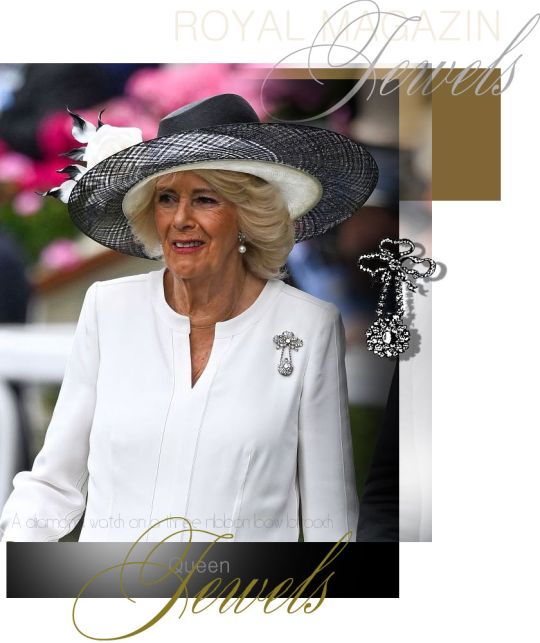 diamond jewel, the Rothschild Diamond Watch Brooch, that was given to the future Queen Mary as a wedding present in the summer of 1893. The brooch is comprised of two sections:  a three diamond bow, ribbon and a round diamond floral pendant watch suspended from a diamond chain, of 12 diamonds. The pendant conceals a watch. It was a wedding present to Mary of Teck in July 1893 from Alice de Rothschild.