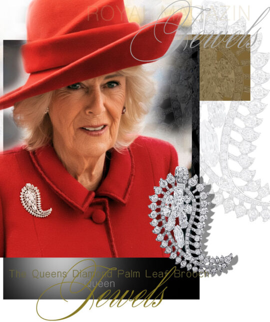 The Royal Family westminsterabbey london for Commonwealth Day Queen Camilla is wearing a red crepe wool dress and coat by Fiona Clare. The hat is by Phillip Treacy. The palm leaf brooch once belonged to The Queen Mother. Cartier Palm Leaf Brooch, Queen Mothers Cartier Palm Leaf Brooch, Cartier Platinum brooch, paisley brooch with diamonds, Diamond Pailey brooch, Queen Mothers Diamond Brooches.