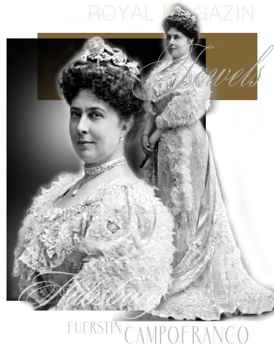 Princess of Campofranco's Great Diamond Floral Tiara

Among the most impressive jewels associated with Princess Marie Raineria of Campofranco was this magnificent nineteenth century diamond tiara. It was probably created around 1860 and appears to have come from her mother, Leopoldine, Baroness von Waideck, wife of Archduke Heinrich of Austria.

The design is characteristic of the naturalistic floral jewels fashionable around the middle of the nineteenth century. Rather than forming a rigid and evenly graduated coronet, the diamond ornaments are arranged like a flowering bouquet or a group of branches spreading outwards from the centre.

At the heart of the composition rises an exceptionally large diamond starburst, its numerous rays radiating around a brilliant centre. From this dominant central ornament, the design appears to open towards either side, much like the stems and branches of a bouquet.

The tiara combines several different botanical and celestial motifs. Large diamond flower heads are interspersed with smaller blossoms, while delicate sprigs of lily of the valley rise between diamond set leaves. A further large star or sunburst provides another brilliant point within the composition.

The combination of stars, flower heads, lily of the valley and naturalistic foliage is characteristic of the nineteenth century fascination with jewels inspired by nature. Individual floral and star elements may originally have been conceived to allow different arrangements or uses, a feature frequently encountered in important nineteenth century jewellery.

An interesting comparison can be made with the Kinsky Flower Tiara, another magnificent nineteenth century floral jewel. Its naturalistic arrangement of diamond flowers and foliage illustrates the same taste for transforming botanical forms into elaborate head ornaments. In both jewels, the flowers are not confined within a conventional tiara outline but rise at different heights and spread across the head like a flowering branch or bouquet.

The Campofranco tiara is particularly striking for the combination of these naturalistic floral sprays with its great radiating diamond stars, creating a composition in which flowers, foliage and celestial motifs merge into one spectacular diamond ornament.

 