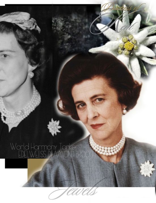 flower-brooch-world harmony-tanker-ship-launch-edelweiss-diamond-brooch-duchess-of-kent World  Harmony Ship Launch - Diamond Flower Brooch in the shape of a Edelweiss - 1954 - Marina Duchess of Kent - Diamond Brooch - british royal jewels - u.k-duchess of kent - duchess of kent flower brooch - Niarchos Tanker
