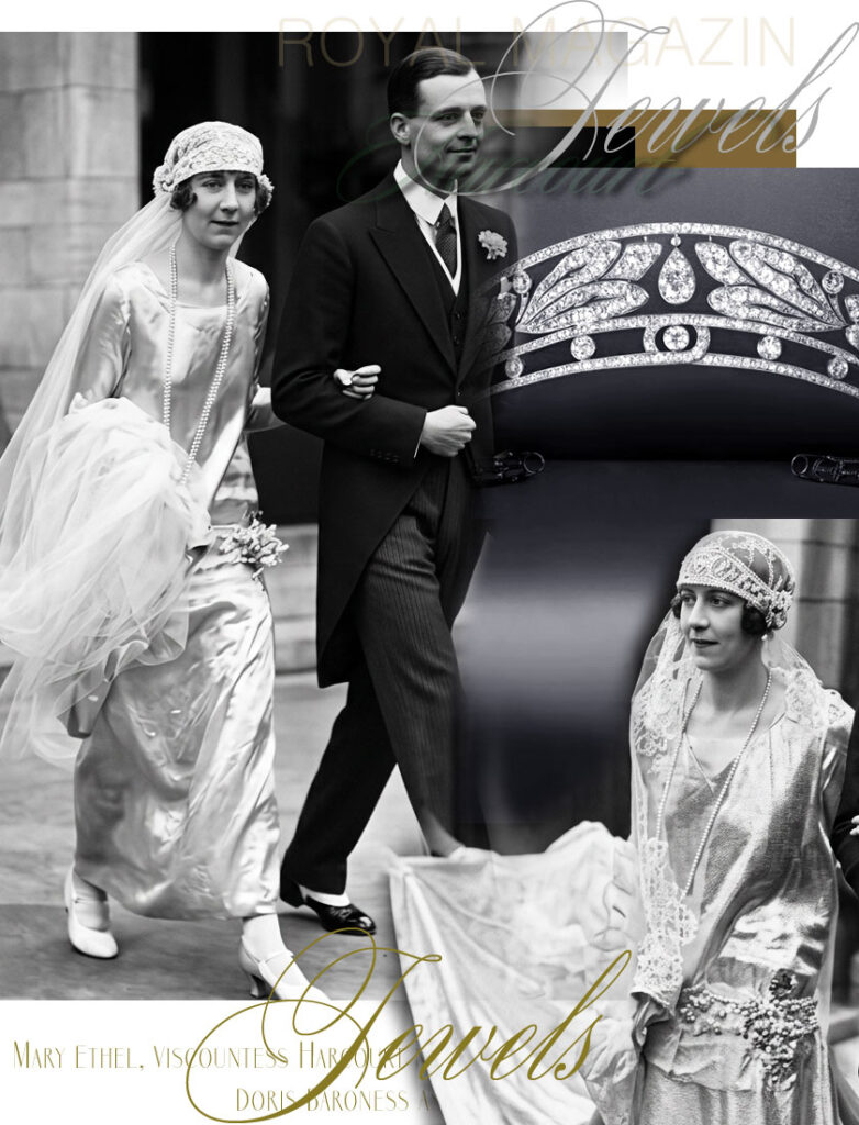  The Harcourt |Laurel Leaf Diamond Bandau Tiara from Boucheron|British Royal Jewel History

The Harcourt diamond bandeau tiara was commissioned from Boucheron in London on 18 July 1924, only four months before the marriage of the Hon. Doris Margaret Thérèse Harcourt to the Hon. Alexander Francis St Vincent Baring, later 6th Baron Ashburton.

The jewel was almost certainly intended as a wedding gift from her mother, Mary Ethel, Viscountess Harcourt, née Burns, to her eldest daughter Doris. Although Doris did not wear a diamond tiara for the church ceremony, choosing instead a fashionable pearl bandeau with her tulle veil, this Boucheron diamond bandeau belongs directly to the group of jewels surrounding her marriage.

The tiara is an openwork platinum bandeau, set throughout with old brilliant-cut, old single-cut and rose-cut diamonds. At the centre is a pear-shaped diamond drop, the principal old brilliant-cut diamond weighing 3.60 carats. Around it unfold scrolls, quatrefoils and stylised olive or laurel leaves, gradually increasing in scale towards the centre. The remaining diamonds weigh approximately 85 carats in total.

The tiara measures 48 cm in inner circumference, with a height ranging from 1.0 cm to 4.2 cm, and is preserved with its fitted case by Boucheron, 180 New Bond Street, London. It bears French assay marks and is accompanied by a Boucheron Authenticity Report confirming the commission date of 18 July 1924.

Its provenance remained in the Harcourt and Ashburton family:
Mary Ethel, Viscountess Harcourt, née Burns

to her daughter
Doris Mary Thérèse, Baroness Ashburton, née Harcourt

and thence by descent.

The design reflects the enduring classical taste for wreath jewels. Laurel and olive leaves had long been associated with honour, victory, peace, prosperity and dynastic continuity. In the early twentieth century these antique motifs were transformed into refined platinum and diamond jewels, perfectly suited to the bandeau fashion of the 1920s.

This was also the period when bridal head ornaments often changed from high tiaras to lower bandeaux. Doris Harcourt’s wedding report describes her wearing a pearl bandeau rather than a diamond tiara, but the Boucheron commission shows that a major diamond bandeau had nevertheless been created for her wedding season.

Mary Ethel Burns, Viscountess Harcourt, was one of Boucheron’s most important private clients. Born into the wealthy American Burns and Morgan circle, she inherited not only great fortune but also a remarkable eye for jewels. Her family connections included the Morgan banking dynasty, and her own jewel collection became one of the most spectacular ever created through Boucheron.