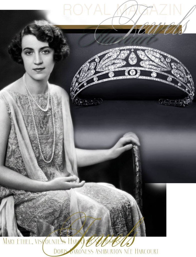 For her wedding to the Hon. Alexander Baring, Doris Harcourt wore no diamond tiara. Her silver tissue bridal gown was completed by a full tulle veil held with a fashionable pearl bandeau and orange blossom, perfectly in keeping with 1920s bridal style. But only four months before the wedding, her mother, Mary Ethel, Viscountess Harcourt, commissioned a magnificent diamond bandeau tiara from Boucheron in London. Made in platinum and set with old brilliant, old single and rose-cut diamonds, the jewel centres on a pear-shaped diamond of 3.60 carats. Its scrolls, quatrefoils and stylised olive or laurel leaves form a refined classical wreath design, with the remaining diamonds weighing approximately 85 carats. The tiara descended from Viscountess Harcourt to Doris, later Baroness Ashburton, and remained in the family by descent — one of the great jewels of the Harcourt collection.