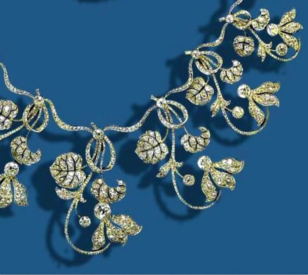 Faberge Tiara Faberge Diadem
Gold and diamond Cyclamen Tiara | A rare example of the Art Nouveau taste by Faberge
A remarkable Faberge Tiara by the famous Russian goldsmith, his jewellery is rare and his tiaras are rarer still. Despite the fact that Faberge is better known today for its imperial Easter eggs, hardstone animals and flower studies, the purchases by the Imperial Family in the 1890s show that it was also a jewellery manufacturer of the highest order.
The craftsmanship and design that has made the Faberge atelier so famous you will see at that tiara in the form of a graduated band of Cyclamen coum tied with knots of ribbon, purchased from Faberge for the Hon Mrs Wilson Fox. The tiara can be effortlessly removed from its gold frame and worn as an articulated fringe necklace.