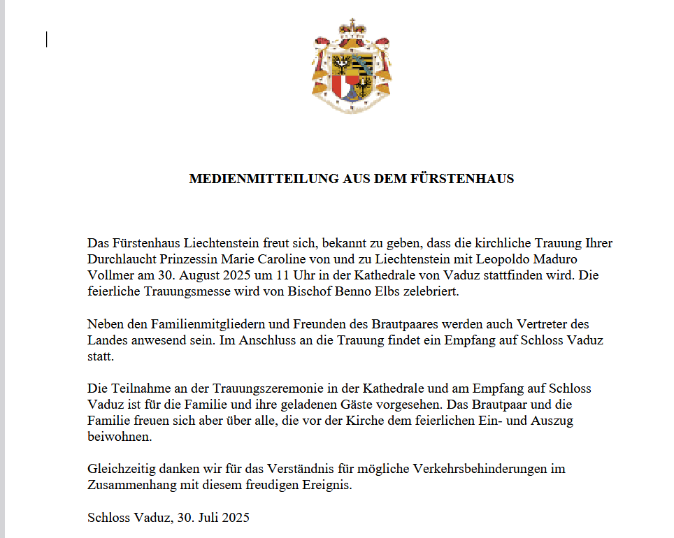 The royal wedding of Princess Marie Caroline of Liechtenstein Wedding of Princess Marie Caroline of Liechtenstein