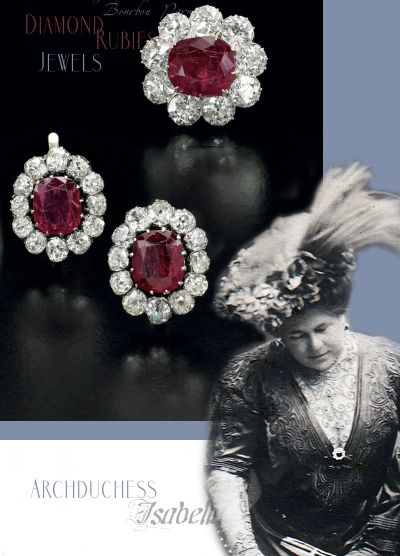 Diamond Ruby cluster Brooch and Earrings |Archduchess Isabella |Habsburg Teschen Croy||Royal Imperial Jewels | Jewelery Archduchess Maria Anna of Austria
Historic gems & jewels Imperial Austria | Ruby Parure

Formerly in the collection of Queen Isabelle II of Spain 1830-1904 , the ruby diamond parure was purchased by Archduke and Archduchess Frédéric of Austria.

 

Princess Isabella Hedwig Franziska Natalie of Croÿ 27 February 1856 – 5 September 1931 was the daughter of Rudolf, Duke of Croÿ, and his wife, Princess Natalie of Ligne married Archduke Friedrich, Duke of Teschen on 8 October 1878. They had eight daughters and one son,

 

There is an excerpt from the inventory of Archduchess Marie Anne of Austria, Princess Elie de Bourbon Parme, one of the daughter of the couple:

"Garniture de rubis composant une broche gros rubis entouré de gros diamants, et de boucles d'oreilles, gros rubis entouré de gros diamants. Héritage de ma mère. Provenant d'une vente de la Reine Isabelle d'Espagne".

Ruby parure comprising a brooch set with a large ruby framed with large diamonds, and a pair of earrings, large rubies surrounded by large diamonds. Inheritance from my mother Archduchess Isabella. From a sale of the Queen Isabelle of Spain.
Above in the picture Archduchess Isabella of Austria-Teschen, wore the ruby and diamond earringes and the ruby diamond brooch.

The pair of ruby and diamond earrings made in the late 19th century, and a ruby and diamond brooch,modified in the 20th century.
Each earring set with a cushion-shaped ruby weighing 4.52 and 5.05 carats respectively, within a frame of cushion-shaped diamonds, the brooch set with a similarly shaped ruby weighing 23.76 carats, surrounded by circular-cut diamonds, detachable brooch fitting, chain, fitted case stamped Hübner, the brooch modified at a later date, the rubies are all of Burmese origin.

The ruby diamond parure was left to her daughter Duchess Maria Anna, probably after the death of the Archduchess. It was later seen on the daughter Archduchess Marie Christine of Austria, which was the sister of Alice Duchess of Calabria, the last owner. 