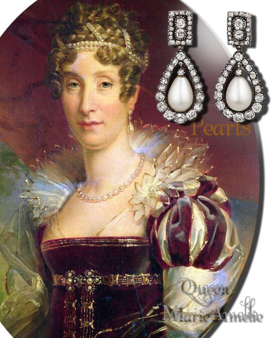 Queen Marie Amelie of France Natural Pearl and Diamond Earrings| French Crown Jewels

An extraordinary pair of natural pearl and diamond earrings, dating to circa 1790, once belonged to Queen Marie-Amélie of France, the last Queen of France. A rare surviving example of authentic French Crown Jewels.Isabelle d’Orléans-Braganza, Madame la Comtesse de Paris, wore the earrings and the other jewels as the 221 pearls as necklace , the St Andres cross brooch, and the bezel pins frequently. However, they were not her personal property. The jewels formed part of the dynastic family collection, and were later sold by her husband, together with the greater part of the family jewels.