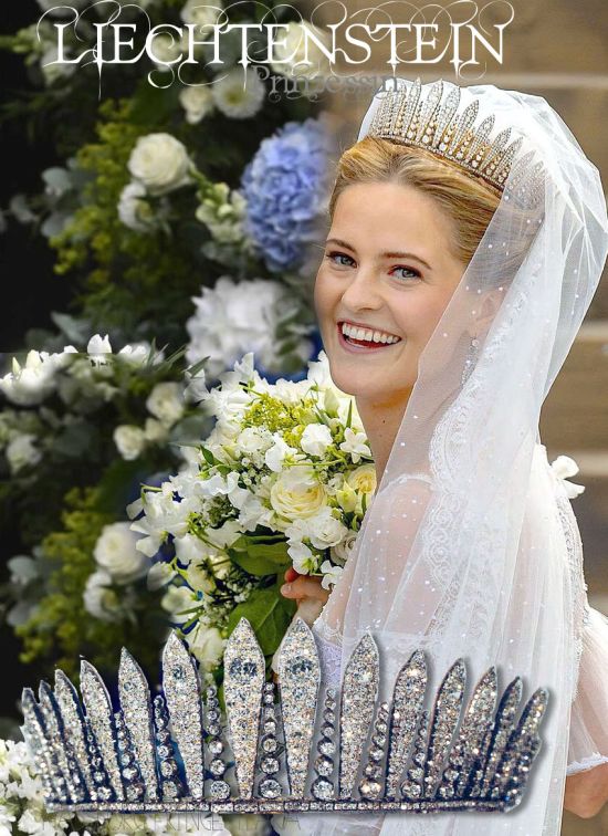 Wedding tiara Princess Marie Caroline of Liechtenstein-the only daughter of Hereditary Prince Alois and Hereditary Princess Sophie-marries Leopoldo Maduro Vollmer, wearing the family’s historic diamond fringe tiara. A family heirloom of Princess Maria Theresa of Braganza Infanta of Portugal - Archduchess of Austria. Liechtenstein Fringe Tiara Diadem wedding tiara