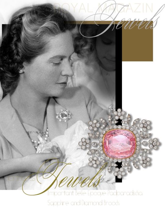 A Royal Wedding Gift from Princess Sibylla
This magnificent Belle Époque brooch, dating from circa 1910, originally belonged to Princess Sibylla of Saxe-Coburg and Gotha, Duchess of Västerbotten (1908–1972), who presented it to her daughter, Princess Birgitta of Sweden (1937–2024), as a wedding gift on the occasion of her marriage to Prince Johann Georg of Hohenzollern in 1961.
First seen after the birth of Princess Christina of Sweden in the year 1943 - see below in the picture - worn by Princess Sibylla of Sachsen-Coburg und Gotha, then Duchess of Vasterbotten.
Princess Birgitta wore the remarkable pink sapphire brooch at her bridal soirée at Drottningholm Palace, during the celebrations surrounding her royal wedding.
Princess Sibylla had frequently worn the brooch together with her magnificent five-strand pearl necklace, featuring a large cabochon sapphire clasp surrounded by 17 diamonds. The necklace, comprising 294 pearls, had previously belonged to Queen Victoria of Sweden and was presented to Princess Sibylla by King Gustaf V on her 40th birthday.
Princess Birgitta continued to wear the brooch on important royal occasions, including the celebrations of her brother King Carl XVI Gustaf’s 40th birthday at Drottningholm Palace in 1986.
