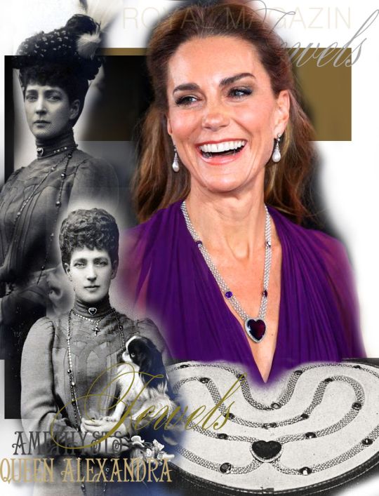 Queen Alexandra’s Amethysts – A Royal Wedding Gift Returns When Catherine, Princess of Wales, appeared wearing a magnificent amethyst, pearl and diamond necklace in September 2026, she brought back into the public eye a jewel that had been seen only once in recent decades. But its story begins more than a century earlier, with Queen Alexandra and her particular love of amethysts. Alexandra’s fondness for the purple gemstone was well known during her lifetime. Already in 1913, the British press remarked that “Queen Alexandra has a great affection for amethysts.” Twenty years later, the Birmingham Daily Gazette remembered her affection for the stones in considerably more detail. According to the article, Alexandra wore amethysts more often than any other gemstones except diamonds and pearls. Her amethyst jewels regularly accompanied her on the January visits that she and King Edward VII made to the Duke and Duchess of Devonshire at Chatsworth. They were particularly associated with the famous theatrical evenings held in the Tower Ballroom at Chatsworth, then romantically described as the Palace of the Peak. On one such occasion, Alexandra appeared in a gown shimmering with amethyst coloured sequins from décolletage to the tip of the train. She completed the effect with an amethyst tiara, necklace and bracelets, together with pearls. It is a wonderfully evocative glimpse of Alexandra and her jewels: the purple stones were not simply part of a large royal collection, but gems she evidently enjoyed wearing. And this makes the wedding present she chose for her future granddaughter in law particularly charming. In 1923, when her grandson Prince Albert, Duke of York, married Lady Elizabeth Bowes Lyon, Queen Alexandra presented the bride with an extraordinary sautoir of pearls, amethysts and diamonds. With the jewel came Alexandra’s affectionate handwritten message: “For my dear future grand daughter Elisabeth from her affte Grand Mother.” The original necklace was very long, in the fashionable sautoir style. Rows of small pearls were punctuated by amethysts, while the centre was dominated by a large heart shaped amethyst surrounded by diamonds. Other amethyst clusters and drops added colour and movement to the long necklace. The Birmingham Daily Gazette returned to this very jewel in 1933, recalling that when the Duke of York married, Alexandra had given his bride “a sautoir of pearls studded with circular amethysts”, with a large heart shaped amethyst pendant bordered with diamonds. The newspaper provides another particularly valuable detail. It records that Elizabeth, by then Duchess of York, wore Alexandra’s wedding gift during the period of family and Court mourning following Queen Alexandra’s death in 1925. The necklace was altered considerably in the years that followed. Shortened and redesigned from Alexandra’s long sautoir, it became the three row necklace known today, retaining the amethysts and, most importantly, the unmistakable great heart shaped amethyst. For many decades it virtually disappeared from public view. Then, in 2012, Camilla, then Duchess of Cornwall, unexpectedly wore the historic necklace to the London premiere of Skyfall. It was the first time in generations that the jewel had attracted such public attention. And now, fourteen years later, it has appeared once again. On 22 September 2026, Catherine, Princess of Wales, wore Queen Alexandra’s amethyst wedding gift for the Royal Film Performance in London. More than a century has passed since the elderly Queen Alexandra chose one of her own favourite gemstones as a wedding present for the young Elizabeth Bowes Lyon. The long Edwardian sautoir has changed its form, and three generations of royal women have passed since it was presented in 1923. But at its centre remains the same great heart shaped amethyst. A very personal wedding gift from Queen Alexandra, and a jewel with a story that has now come full circle.