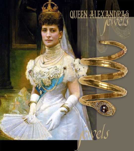 Queen Alexandra's Serpent Diamond and Black Pearl Bracelet | Gold Snake Cuff Queen Alexandra| British Royal Jewels History
Queen Alexandra’s articulated serpent bracelet, c. 1870 Jewels of Queen Alexandra
The Princess of Wales, later Queen Alexandra, owned an extraordinary articulated serpent bracelet set with diamonds and a black pearl. One of her signature jewels, it was frequently worn throughout her lifetime.
Serpent jewellery held a special significance in the Victorian era. Far from being regarded simply as a symbol of danger or temptation, the snake represented eternal love, devotion, protection and renewal. Its symbolism drew upon ancient mythology, in which the serpent was associated with wisdom, healing, rebirth and immortality. The shedding of its skin suggested regeneration, while a serpent forming a circle and biting its own tail, known as the ouroboros, symbolised eternity and the endless cycle of life.
In nineteenth-century jewellery, serpents became particularly fashionable as tokens of love and fidelity. Their sinuous bodies were ideally suited to bracelets, rings and necklaces, often embellished with precious gemstones. Queen Victoria helped popularise the fashion when Prince Albert presented her with a serpent-shaped engagement ring in 1839, traditionally described as having an emerald-set head.
For Victorian women, a serpent jewel could therefore convey a deeply personal message of enduring affection, attachment and protection. Queen Alexandra’s diamond and black pearl bracelet belongs to this fascinating tradition of symbolic jewellery, although its precise personal significance to the Queen remains undocumented.