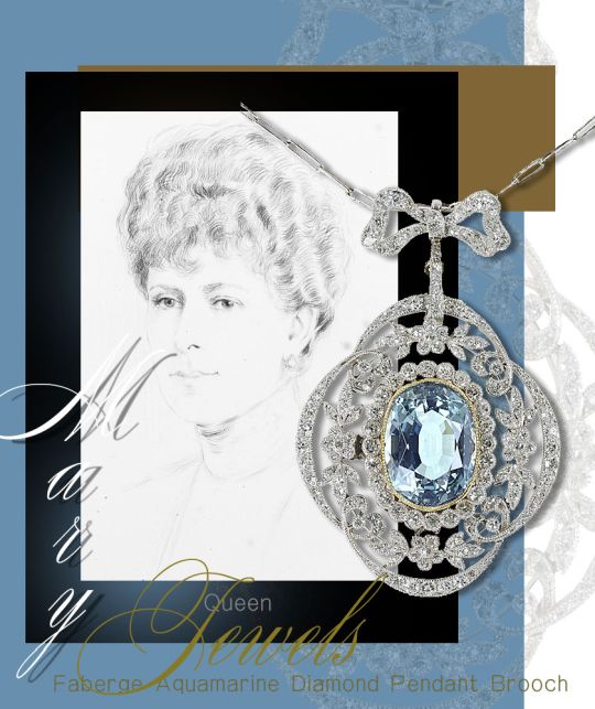 Diamond Aquamarine Pendant Brooch Gift from King George V to Queen Mary| Fabergé aquamarine and diamond pendant 1909 Royal Jewels Great Britain and Irland