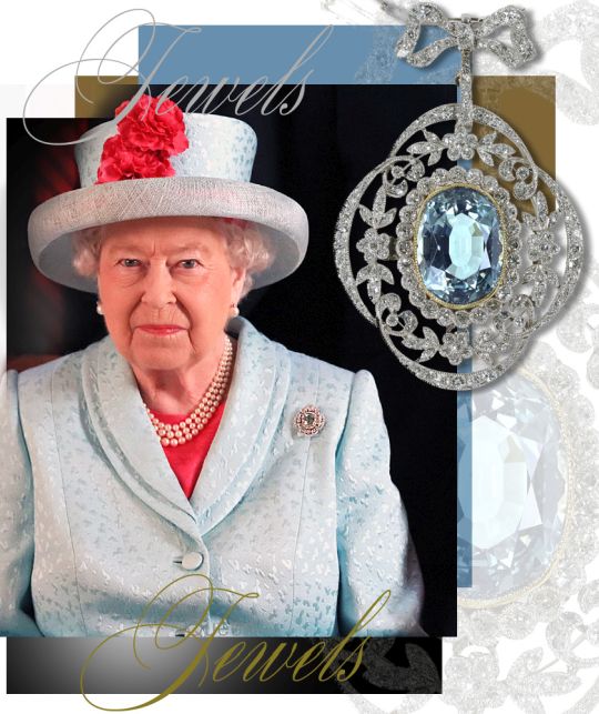 Queen Elizabeth II|Diamond Aquamarine Pendant Brooch Gift from King George V to Queen Mary| Fabergé aquamarine and diamond pendant 1909 Royal Jewels Great Britain and Irland A sparkling oval cutted aquamarine, surrounded by diamonds, and a royal love story spanning more than a century. Created by Fabergé in 1909, this exquisite aquamarine and diamond pendant was a gift from King George V to his wife, Queen Mary.