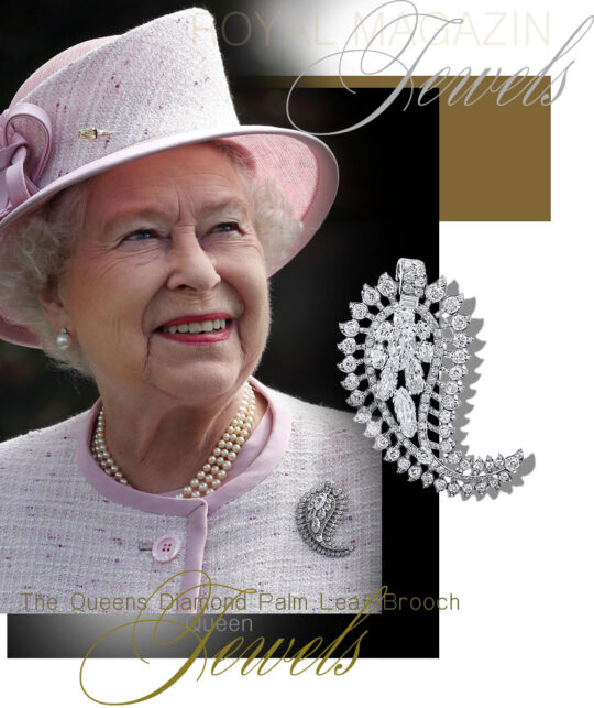 The Queen Elizabeth II and her diamond palm leaf brooch made by CartierQueen Elizabeth The Queen Mother’s Palm Leaf Brooch| Queen's Brooch| Cartier Brooch royal jewels royal brooches, the queens brooches, paisley brooch, mango brooch, cartier brooch, Queen Diamond brooch palm leaf diamond brooch