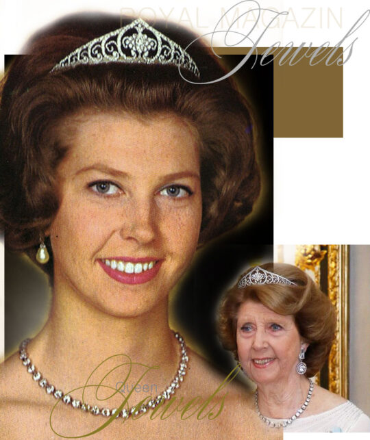 Queen Louises Diamond Art Deco Tiara with a pineapple and fruitbasquet center. later owned by Princess Desiree of sweden.The small diamond tiara in kokoshnik design with an art-deco pineapple and fruits, worn on the left side, was a wedding gift from Lord and Lady Louis Mountbatten, Viceroy and Vicereine of India, the brother and sister-in-law of Queen Louise.