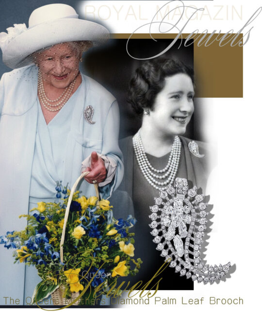 Queen Elizabeth The Queen Mother’s Palm Leaf Brooch| Queen's Brooch| Cartier Brooch royal jewels royal brooches, the queens brooches, paisley brooch, mango brooch, cartier brooch, Queen Diamond brooch palm leaf diamond brooch