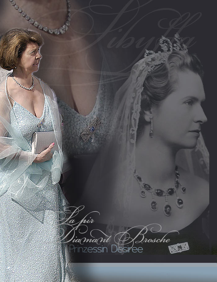 Artdeco Diamantbrosche mit Saphir| Prinzessin Desiree Prinsessan Désirée, friherrinna Silfverschiöld The King’s sister Princess Désirée, Baroness Silfverschiöld
Das Collier hat Prinzessin Sibylla ihrer Tochter Birgitta hinterlassen, die es des öfteren bei passenden Gelegenheiten und Familienfesten trug, zuletzt im Jahr 1996 am Geburtstag ihres Bruders König Carl Gustaf von Schweden. Das Diadem auf dem Bild im Zentrum und rechts ist die "Connaught Tiara", ein Diadem das von Königin Silvia noch heute getragen wird.