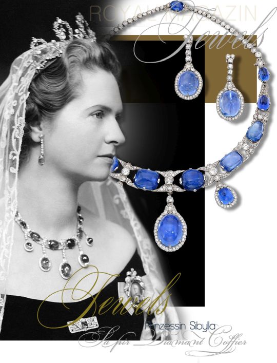   Royal Wedding present to Princess Sibylla of Sweden| Sapphire and Diamond Necklace Collier

In the dominant photograph, Princess Sibylla is wearing the classic diamond and oval cabochon sapphire necklace. The high quality sapphires are surrounded by diamonds and set in gold. There are five pendants which can be removed and worn as earrings. The earrings that the Princess is wearing may have been additional pendants on the necklace.

The sapphires for this wonderful necklace were a wedding gift from her uncle, Ferdinand (from the house of Saxe-Coburg-Gotha), the Tsar of Bulgaria to Princess Sibilla of Saxe-Coburg-Gotha, on the occasion of her wedding in 1932 with the then future crown prince of Sweden Gustaf Adolf.

Tsar Ferdinand was a connoisseur of fine jewels, and the friend and patron of Fabergé. According to family history, "Foxi" (Tsar Ferdinand) is reputed to have bought these gems from the Dowager Empress Marie Alexandrovna. The former Tsarina of Russia, owned the famous Romanov sapphires and had taken that collection with her into exile in Denmark.

Princess Sibylla´s necklace of sapphires and diamonds today belongs to another daughter, Princess Birgitta. Princess Birgitta wore this necklace at the 50th birthday celebrations of her brother the Swedish king on April 30th 1996.

In the photo at the far left, Princess Sibylla, dressed in Swedish court robes, is wearing a diamond and aquamarine tiara which originally belonged to her mother-in-law Crown Princess Margaret. This tiara Princess Sibylla gave to her oldest daughter Princess Margareta, now Mrs Ambler as a wedding gift in 1964. The last time this tiara has been seen was in Munich in June 1998 when it was worn by Sibylla Ambler, the oldest daughter of Princess Margareta, Mrs Ambler, on her wedding day in Kloster Schäfftlarn. The bracelet is also owned by Princess Margaretha.