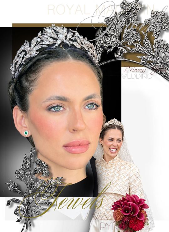 Waldeck Pyrmont Diamond Flower Tiara and Wedding Jewels The historic Waldeck Pyrmont Diamond Flower Tiara has been documented by Royal Magazin since 2007. The tiara is composed of delicate diamond flower sprays with fully opened blossoms, buds and half opened flowers, including forms reminiscent of fuchsias, surrounded by diamond set leaves and curling foliage. The jewel belongs to the historic family jewellery of the Princely House of Waldeck and Pyrmont and has been worn by several generations of its princesses. Following family tradition, it also appeared repeatedly as a bridal tiara. Among its documented wearers were Princess Helene of Waldeck Pyrmont, who wore the family jewels for her marriage to Prince Leopold, Duke of Albany, Bathildis, Princess of Waldeck Pyrmont, Princess Altburg, and Princess Guda, who wore the family jewels for her wedding to Friedrich Wilhelm, Prince of Wied, in 1958. Princess Cecilia of Waldeck Pyrmont was photographed with the historic jewels on festive occasions in 1993 and 2003. An important exception was Princess Emma of Waldeck Pyrmont, later Queen Emma of the Netherlands. For her marriage she received a magnificent parure and, in keeping with tradition, wore the jewels of her House of birth for the last time as a Waldeck Pyrmont bride before becoming a member of the Dutch Royal House. The magnificent diamond garland necklace, with its large pendant diamond suspended from a diamond bow, also belongs to the historic Waldeck Pyrmont family jewellery and was repeatedly worn together with the Flower Tiara. A New Waldeck Pyrmont Princesss wearing the Diamond Tiara in 2026 Almost twenty years after Royal Magazin first documented the history of these jewels, the Diamond Flower Tiara has appeared once again. On 22 August 2026, Victoria Scheder Bieschin wore the historic family tiara for her marriage to Prince Johannes zu Waldeck und Pyrmont in Arolsen, continuing a bridal jewellery tradition extending through generations of the Princely House. The appearance of the tiara in 2026 provides a remarkable new chapter in a jewel history first researched and published by Royal Magazin in 2007. Original research and documentation published by Royal Magazin since 2007.